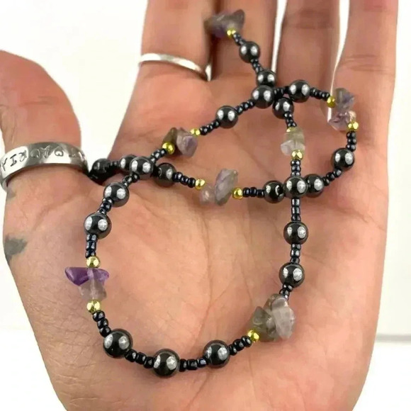 Natural Stone and Metal Beaded Necklace Amethyst  16" Choker Purple Gray - Picture 6 of 14